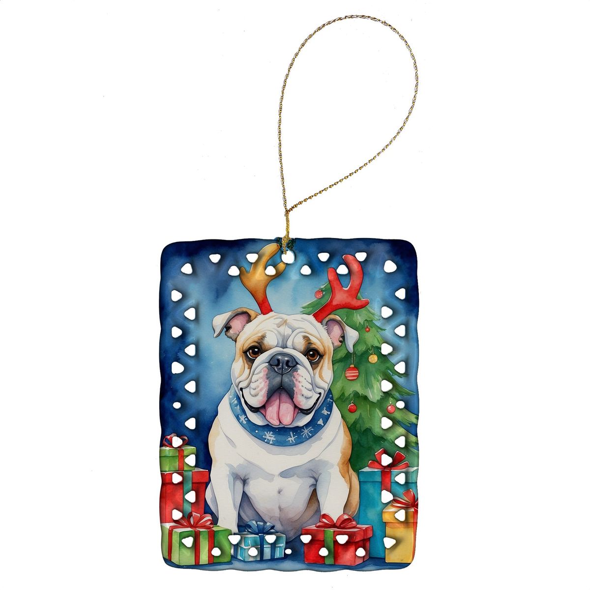 White English Bulldog Christmas Reindeer Porcelain Ornament Christmas Tree Hanging Decorations For Home Christmas Holiday, Rectangle, Gift, Multicolor_maomaolike.com