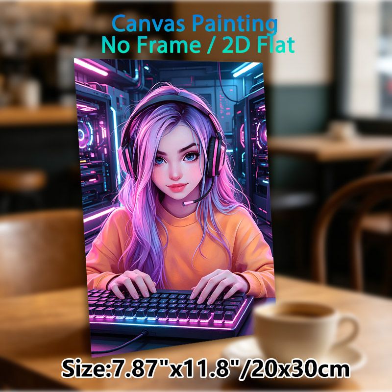 Anime Gamer Girl Painting Poster, Vibrant Neon-lit Anime Style Poster, Eye-catching Gaming-themed Decor Suitable For Gaming Room, Bedroom_maomaolike.com