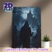 Gothic Hooded Figure With Rose Painting Poster, Mysterious Dark-toned Poster, Hooded Figure Holding Red Rose Before Moonlit Spooky Castle, Eerie_maomaolike.com