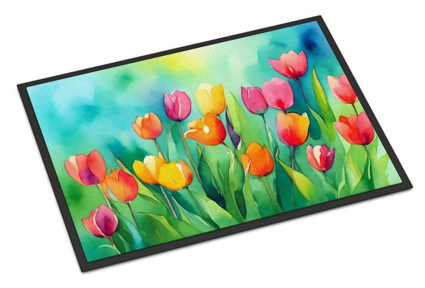 Tulips In Watercolor Doormat Front Door Mat Indoor Outdoor Rugs For Entryway, Non Slip Washable Low Pile, 24H X 36W_maomaolike.com
