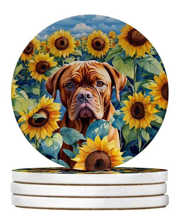 Dogue De Bordeaux In Sunflowers Large Sandstone Coasters Pack Of 4 Absorbent Round Coasters Decor Gifts For Men Or Women, 4 In, Multicolor_maomaolike.com