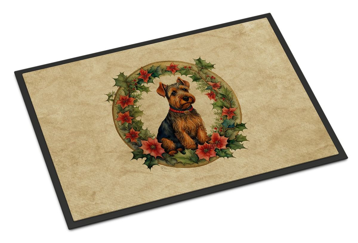 Welsh Terrier Christmas Flowers Doormat Front Door Mat Indoor Outdoor Rugs For Entryway, Non Slip Washable Low Pile, 24H X 36W_maomaolike.com