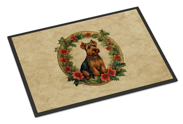 Welsh Terrier Christmas Flowers Doormat Front Door Mat Indoor Outdoor Rugs For Entryway, Non Slip Washable Low Pile, 24H X 36W_maomaolike.com