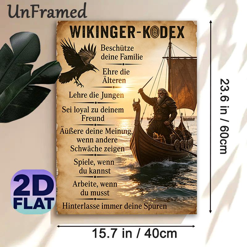 Viking Codex Painting Poster, Vintage Aged-Parchment Style Poster, Features Norse Longship, Raven & Traditional Moral Guidelines, Ideal For Home Wall_maomaolike.com