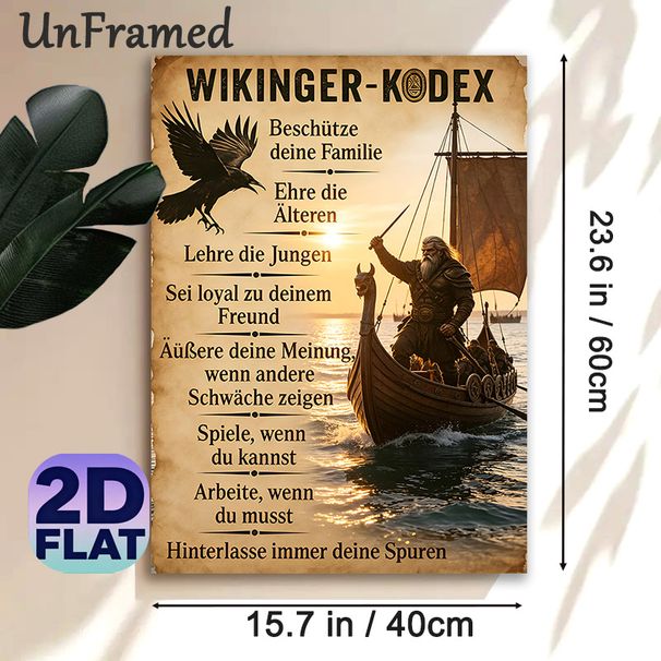 Viking Codex Painting Poster, Vintage Aged-Parchment Style Poster, Features Norse Longship, Raven & Traditional Moral Guidelines, Ideal For Home Wall_maomaolike.com