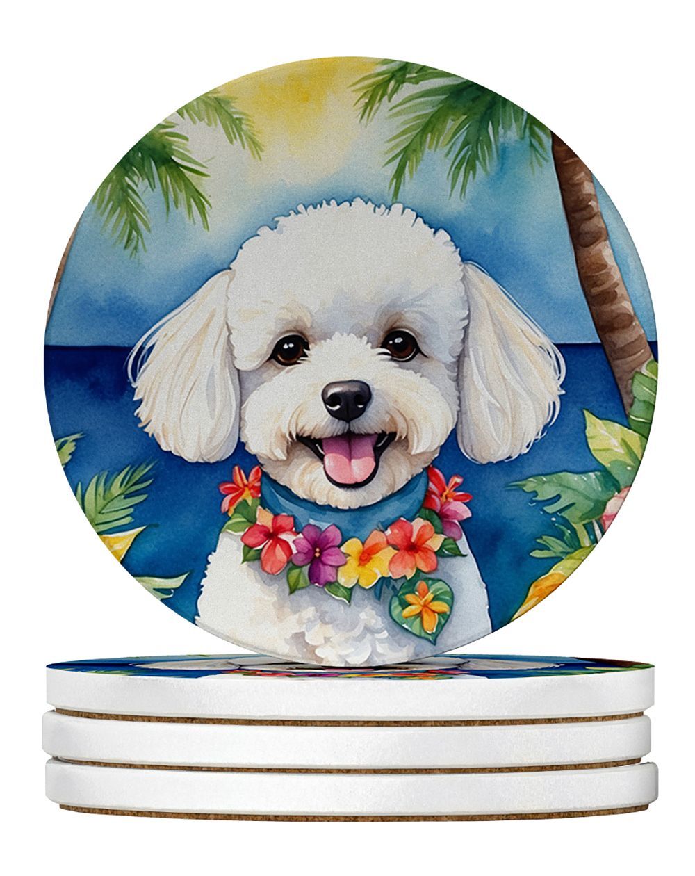 Bichon Frise Luau Large Sandstone Coasters Pack Of 4 Absorbent Round Coasters Decor Gifts For Men Or Women, 4 In, Multicolor_maomaolike.com