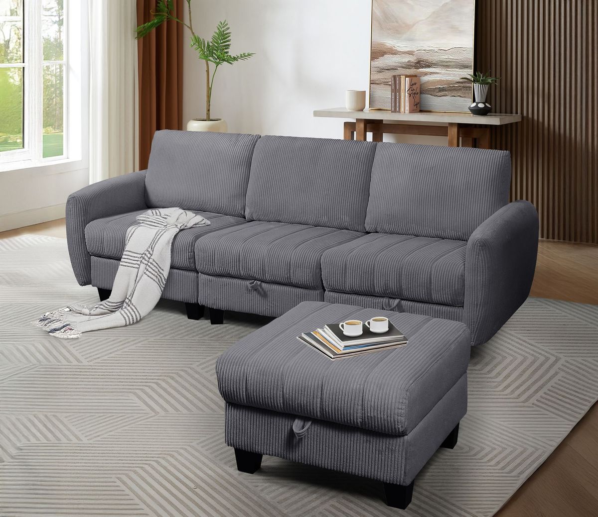 Grey Corduroy Fabric Sofa With OTTOMAN_maomaolike.com