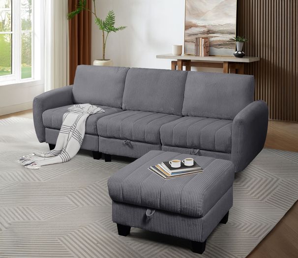 Grey Corduroy Fabric Sofa With OTTOMAN_maomaolike.com