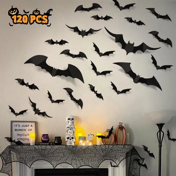 100pcs Bats Halloween Decorations: Halloween Bats Wall Décor Bat Stickers Decals PVC 3D Wall Bat Scary Stickers Halloweens Party Decorations Indoor Outdoor DIY Home Window Door Décor_maomaolike.com