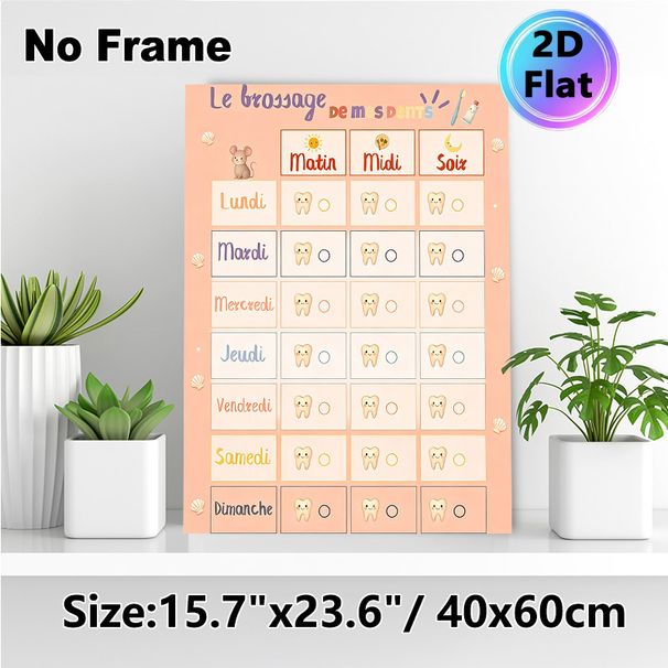 French Tooth Brushing Chart Painting Poster, Cute Pastel Cartoon-style Poster, Daily Oral Care Tracker With Smiling Teeth And Playful Accents_maomaolike.com