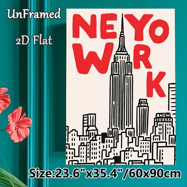 New York City Skyline Painting Poster, Bold Red Lettering & Hand-drawn Line Art Poster, Chic Urban Decor Ideal For Living Room, Office, Bedroom_maomaolike.com