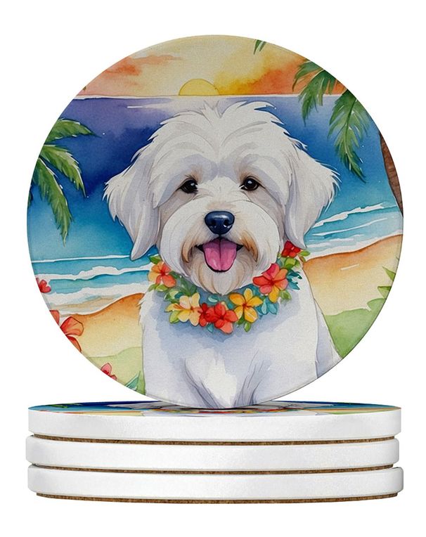 Coton De Tulear Luau Large Sandstone Coasters Pack Of 4 Absorbent Round Coasters Decor Gifts For Men Or Women, 4 In, Multicolor_maomaolike.com