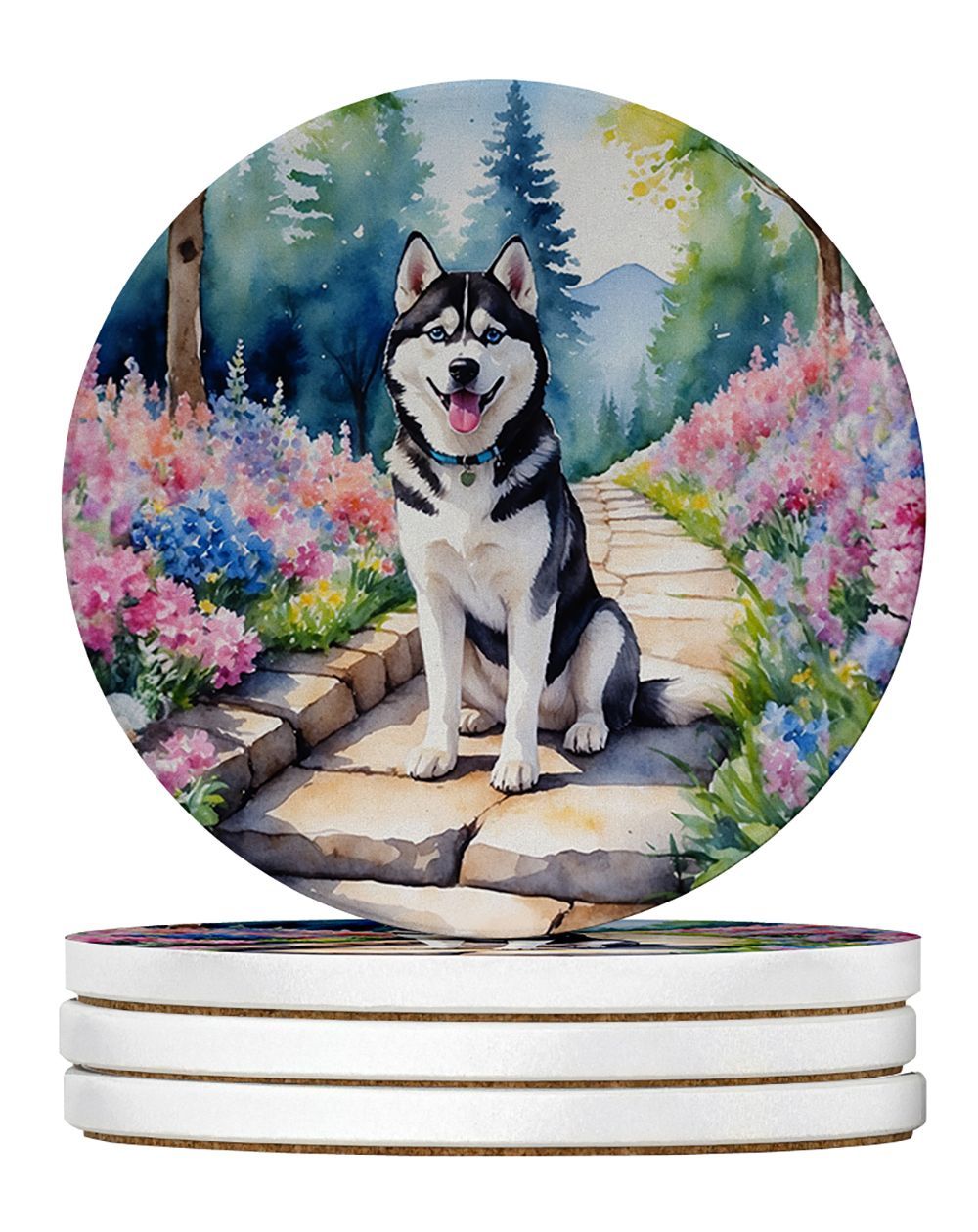 Siberian Husky Spring Path Large Sandstone Coasters Pack Of 4 Absorbent Round Coasters Decor Gifts For Men Or Women, 4 In, Multicolor_maomaolike.com