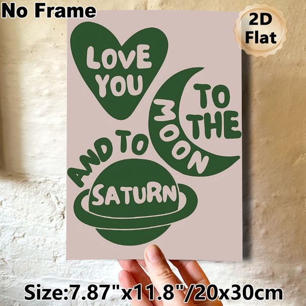 Love You To The Moon And Saturn Painting Poster, Minimalist Retro Green Heart & Celestial Graphic Poster, Warm Romantic Decor Ideal For Bedroom_maomaolike.com