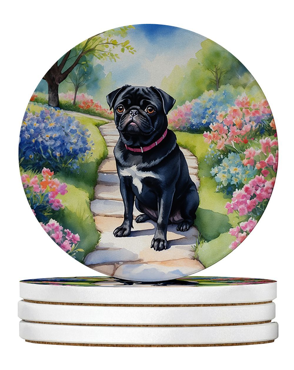 Black Pug Spring Path Large Sandstone Coasters Pack Of 4 Absorbent Round Coasters Decor Gifts For Men Or Women, 4 In, Multicolor_maomaolike.com