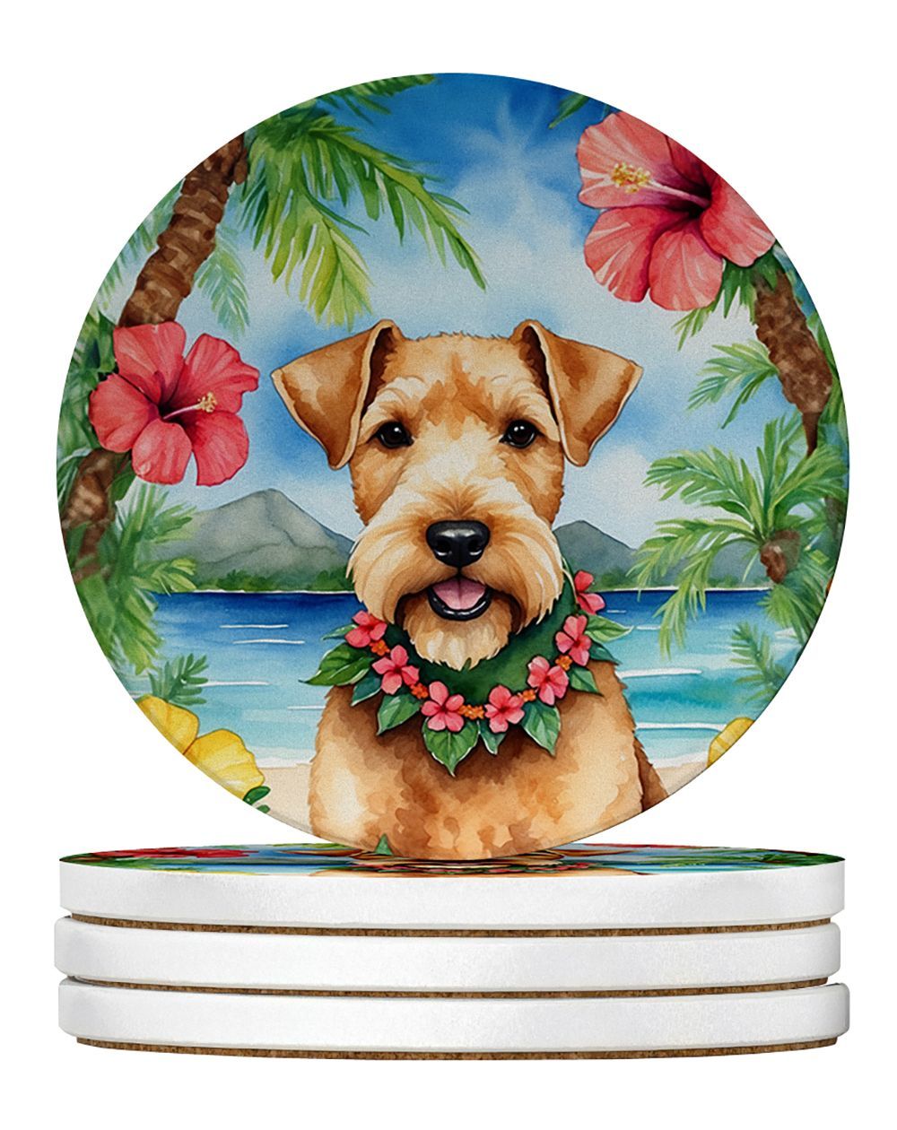 Lakeland Terrier Luau Large Sandstone Coasters Pack Of 4 Absorbent Round Coasters Decor Gifts For Men Or Women, 4 In, Multicolor_maomaolike.com