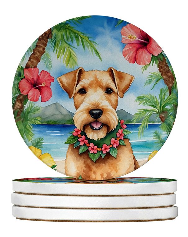 Lakeland Terrier Luau Large Sandstone Coasters Pack Of 4 Absorbent Round Coasters Decor Gifts For Men Or Women, 4 In, Multicolor_maomaolike.com