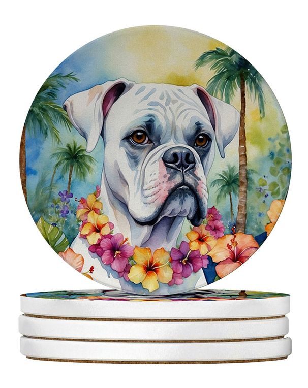 White Boxer Luau Large Sandstone Coasters Pack Of 4 Absorbent Round Coasters Decor Gifts For Men Or Women, 4 In, Multicolor_maomaolike.com