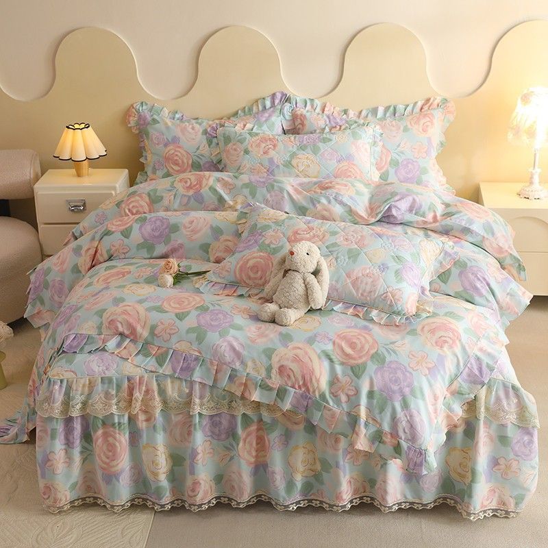 2026 Spring New Pure Cotton Printed Duvet Cover Bed Skirt Four-Piece Four Seasons Pastoral Style Bedding Set Suitable For_maomaolike.com