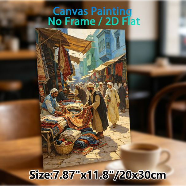 Middle Eastern Bazaar Painting Poster, Vibrant Oil-painting Style Bustling Market Scene Poster, Captures Lively Daily Life With Colorful Textiles_maomaolike.com