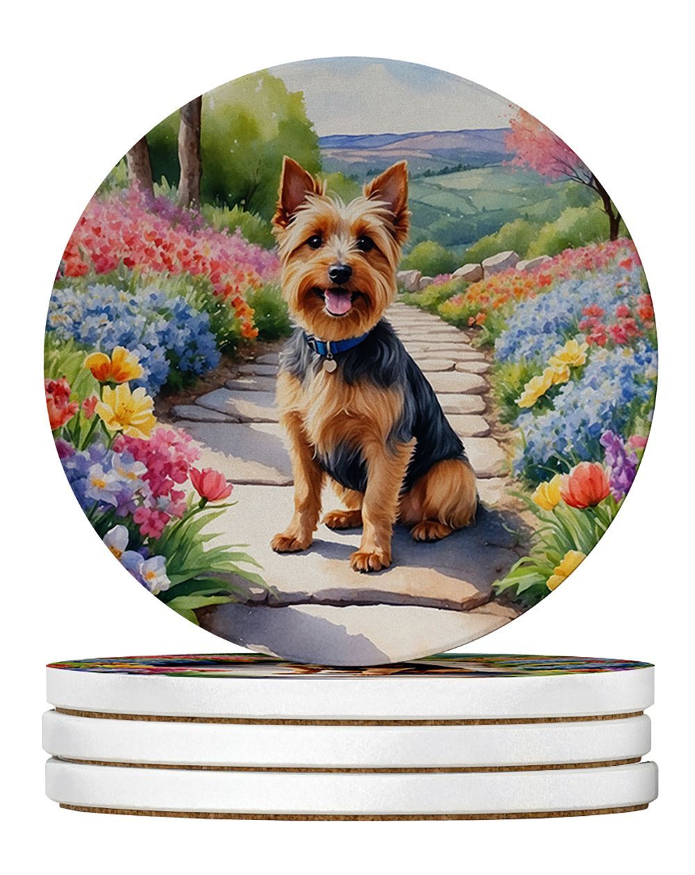 Australian Terrier Spring Garden Large Sandstone Coasters Pack Of 4 Absorbent Round Coasters Decor Gifts For Men Or Women, 4 In, Multicolor_maomaolike.com