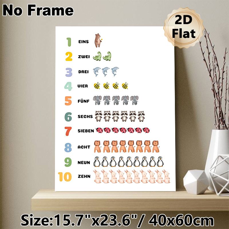 German Number & Animal Learning Painting Poster, Soft Watercolor Cute Animal & Number Poster, Assists With German Number Learning, Ideal For Study_maomaolike.com