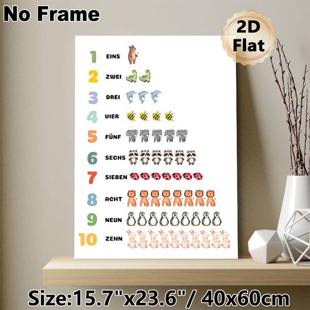 German Number & Animal Learning Painting Poster, Soft Watercolor Cute Animal & Number Poster, Assists With German Number Learning, Ideal For Study_maomaolike.com