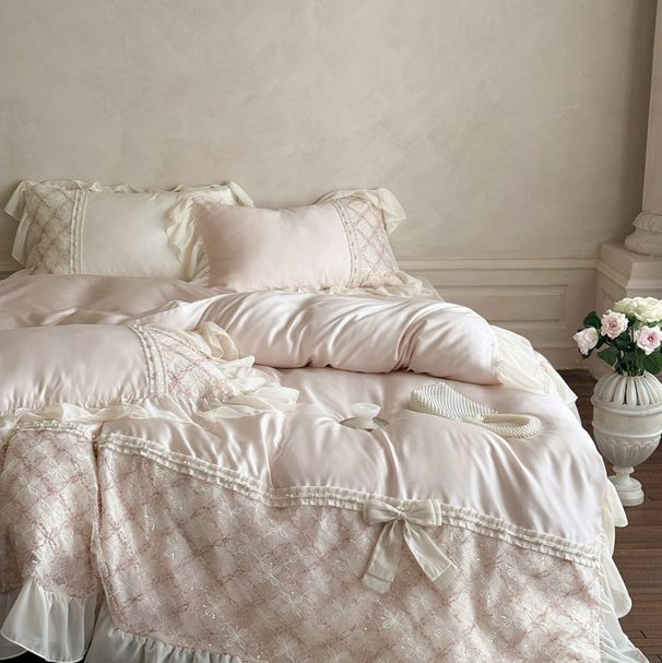 Wholesale French Princess Style 60-Count Lenzing Tencel Four-Piece Summer Bowknot Naked Sleep Double-Sided Cooling 4-Piece Set_maomaolike.com
