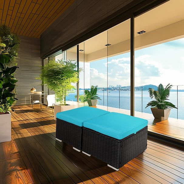 2 Wicker Ottomans, Multipurpose Outdoor Furniture For Patio, Backyard, Additional Seating, Footrest, Side Table W/Storage, Removable Cushions_maomaolike.com