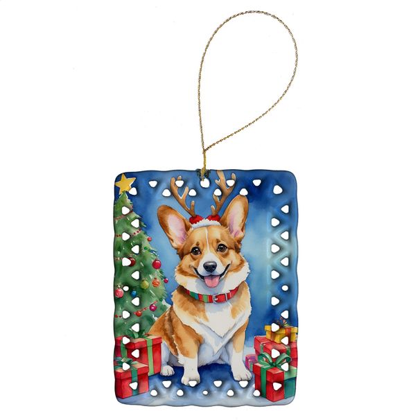 Corgi Christmas Reindeer Porcelain Ornament Christmas Tree Hanging Decorations For Home Christmas Holiday, Rectangle, Gift, Multicolor_maomaolike.com