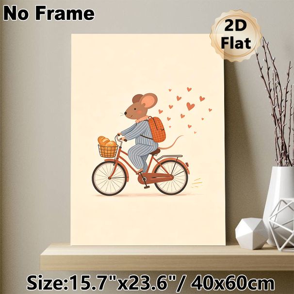 Cycling Mouse Painting Poster, Soft-toned Cute Cartoon Poster, Whimsical Design Featuring Mouse In Striped Outfit Riding Bike With Bread Basket And_maomaolike.com