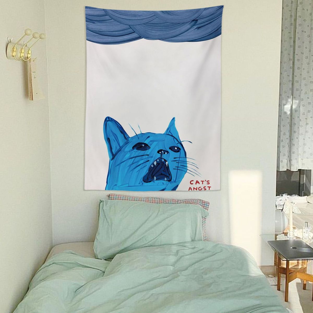 Blue Cat's Emo Moment INS Healing Vertical Version High-End Abstract Bedroom Headboard Decorative Wall Art Hanging Cloth_maomaolike.com