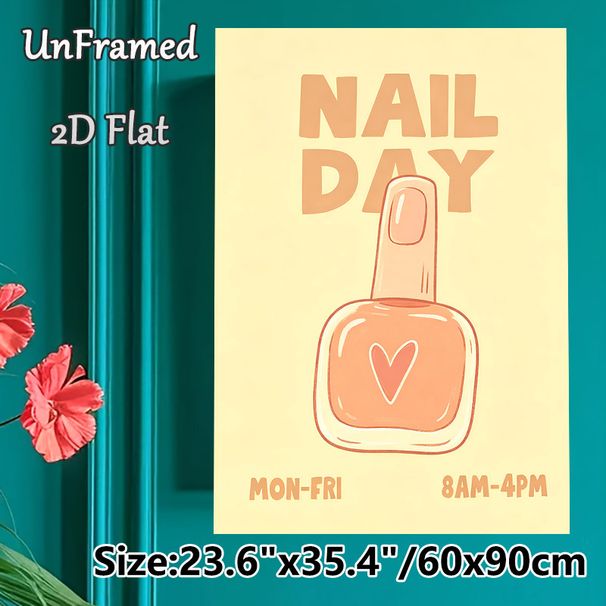 Nail Day Themed Painting Poster, Warm-toned Cute Cartoon Style Poster, Adorable Nail Polish Bottle With Heart Design, Suitable Decor For Beauty Salons_maomaolike.com