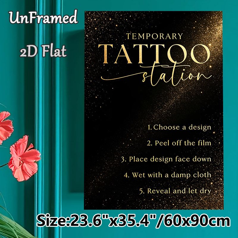 Temporary Tattoo Station Painting Poster, Elegant Glittery Black & Gold Style Poster, Clear Step-by-step Guide For Applying Temporary Tattoos, Ideal_maomaolike.com