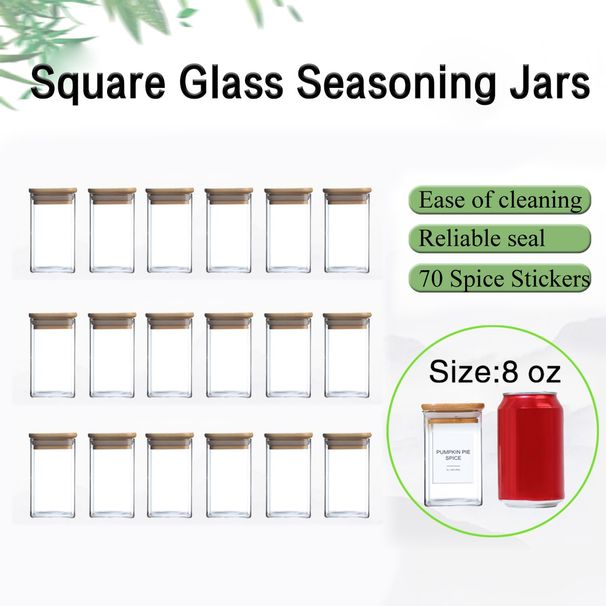 18 PCS Square Seasoning Jar Pepper Seasoning Bottle Pepper Powder Bottle 240ml Bamboo Wood Glass Seasoning Tank Square Spice Bottle_maomaolike.com
