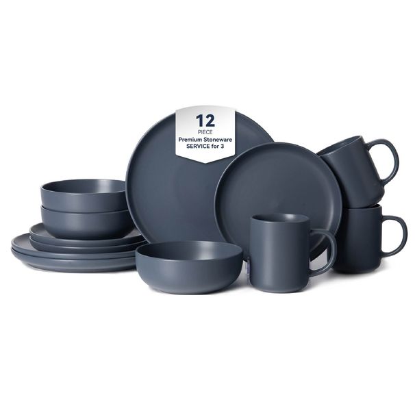12-Piece Stoneware Dinnerware Sets With Mugs | Microwave & Dishwasher Safe | Non-Toxic Dinner Plates Bowls Set | Stackable Matte Glaze Kitchenware For 3_maomaolike.com
