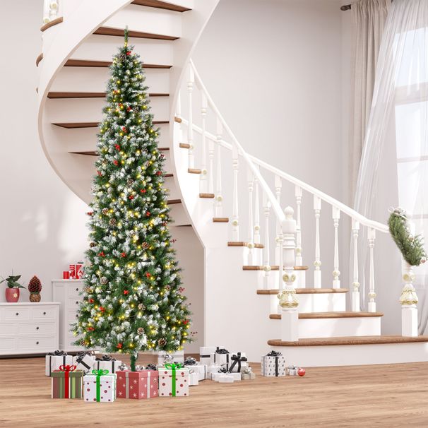 9 Ft Pre-Lit Snow-Dipped Artificial Christmas Tree With Realistic Branches, 460 LED Lights, Pine Cones, Red Berries And 1298 Tips_maomaolike.com