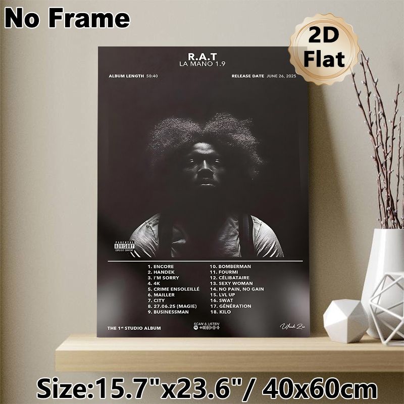 R.A.T LA MANO 1.9 Album Tracklist Painting Poster, Dark Monochrome Portrait With Tracklist Poster, Stylish Music-themed Wall Decor For Home Music_maomaolike.com