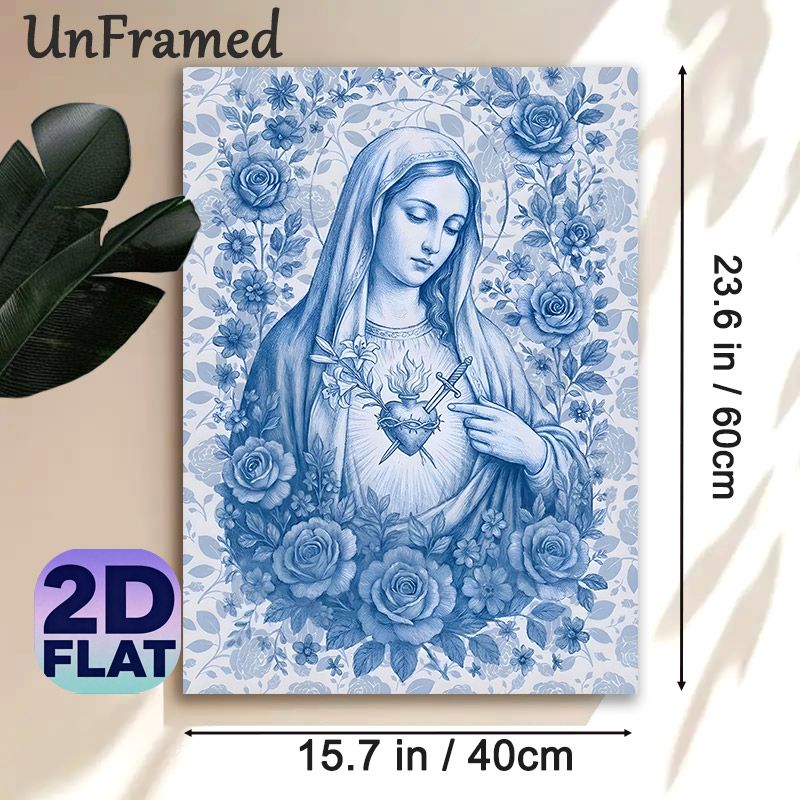 Immaculate Heart Of Mary Painting Poster, Delicate Monochrome Blue Religious Figure With Floral Accents Poster, Serene Spiritual Decor Ideal For Home_maomaolike.com