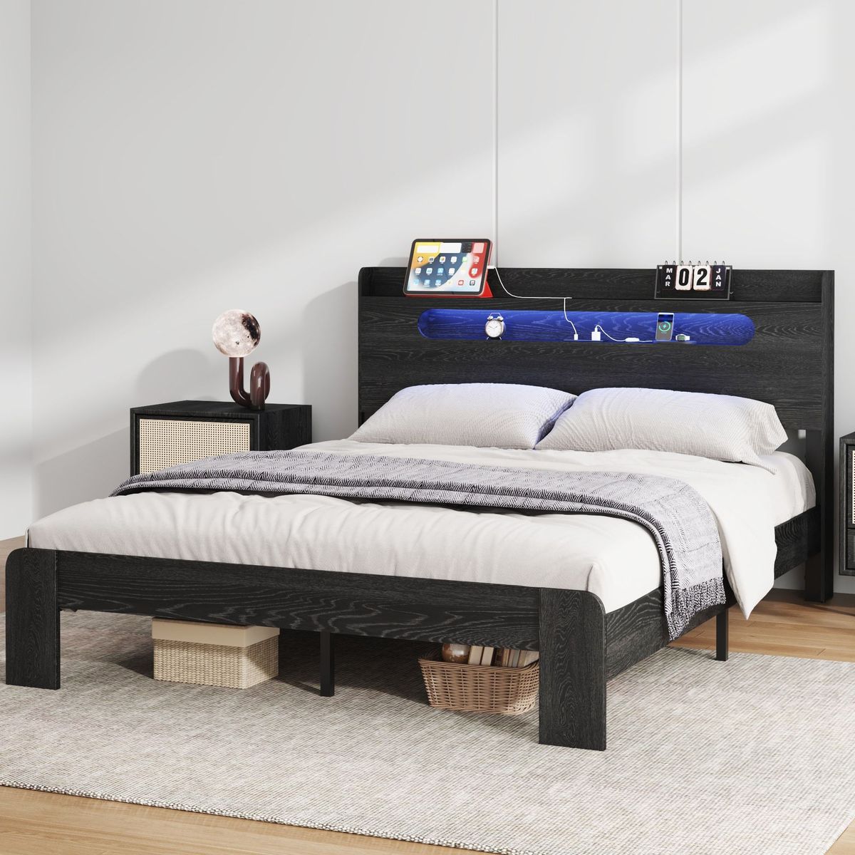 Bed Frame Queen Size, Wood Platform Bed Frame With Storage LED Light Headboard And 2 USB , Noise Free,No Box Spring Needed And Easy Assembly Tool,Large Under Bed Storage,Black_maomaolike.com