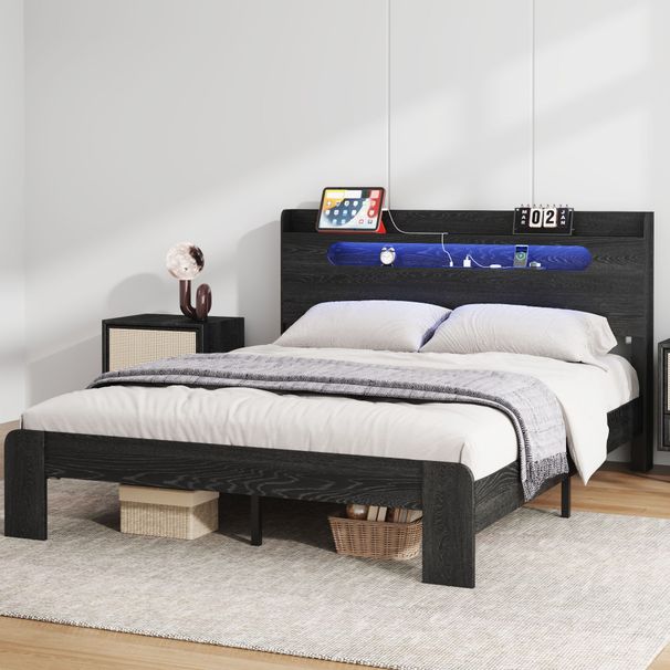 Bed Frame Queen Size, Wood Platform Bed Frame With Storage LED Light Headboard And 2 USB , Noise Free,No Box Spring Needed And Easy Assembly Tool,Large Under Bed Storage,Black_maomaolike.com