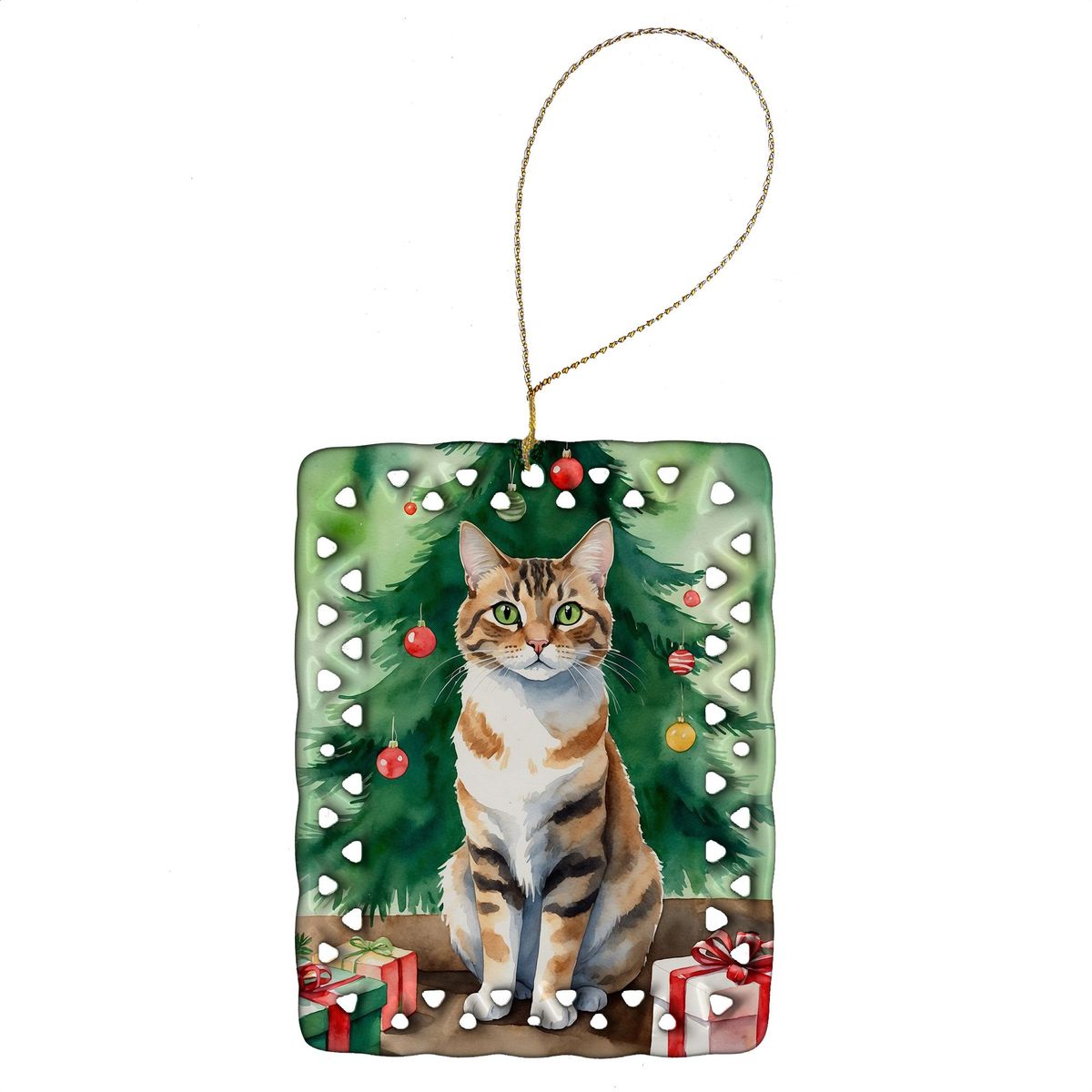 Owyhee Bob Cat By The Christmas Tree Porcelain Ornament Christmas Tree Hanging Decorations For Home Christmas Holiday, Rectangle, Gift, Multicolor_maomaolike.com