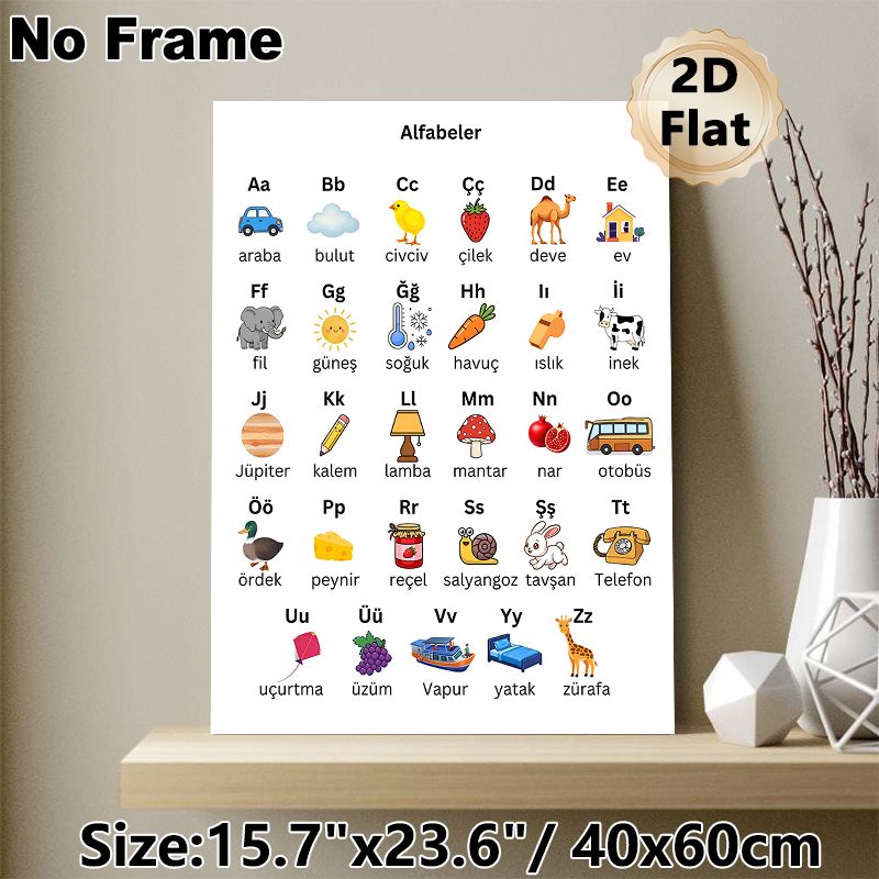 Turkish Alphabet Educational Painting Poster, Vibrant Cartoon Illustrated Poster, Assists With Turkish Letter And Vocabulary Learning, Suitable For_maomaolike.com