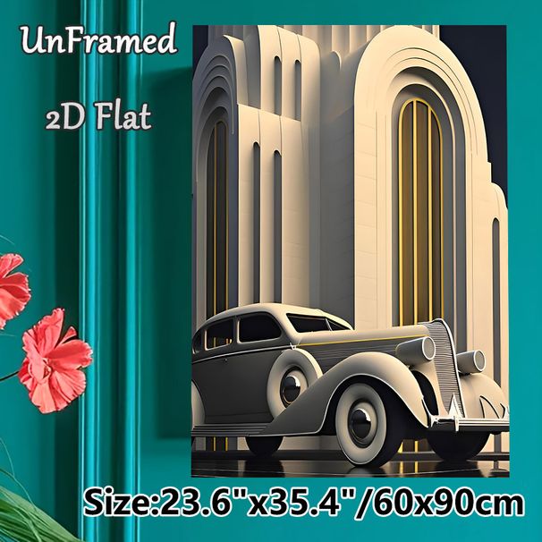 Vintage Luxury Car & Art Deco Architecture Painting Poster, Sleek Elegant Retro Style Poster, Sophisticated Classic Decor Ideal For Living Room_maomaolike.com