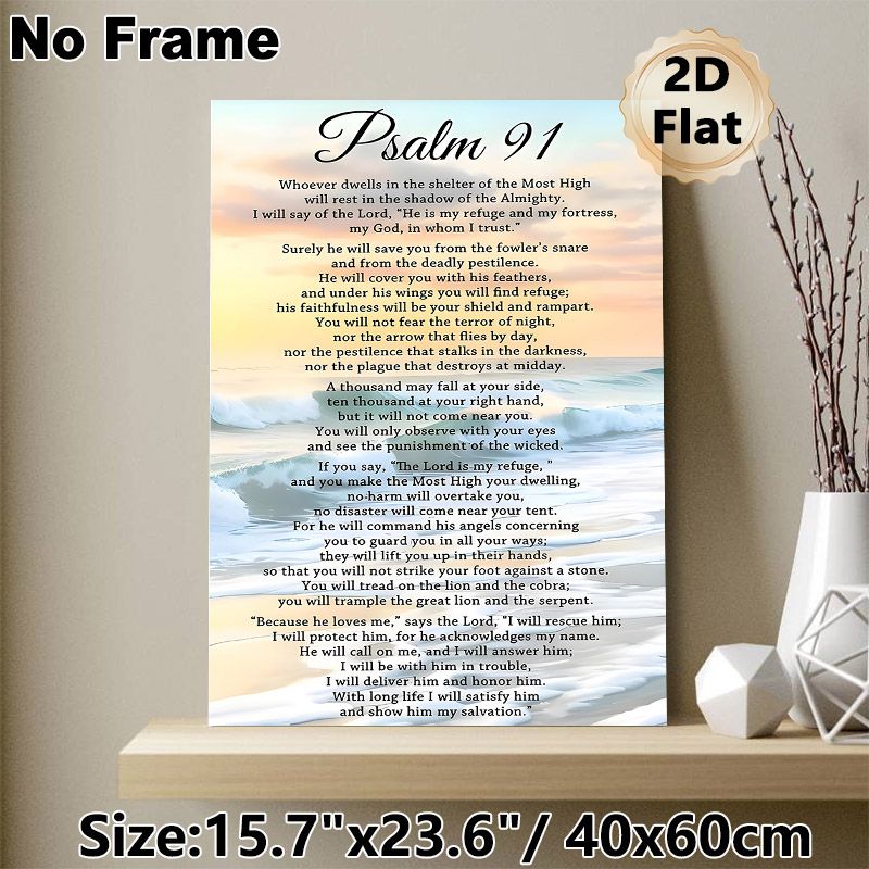 Psalm 91 Scripture Painting Poster, Soft Sunset Beach Wave Scene Poster, Inspirational Religious Verse Decor Suitable For Home, Prayer Room_maomaolike.com