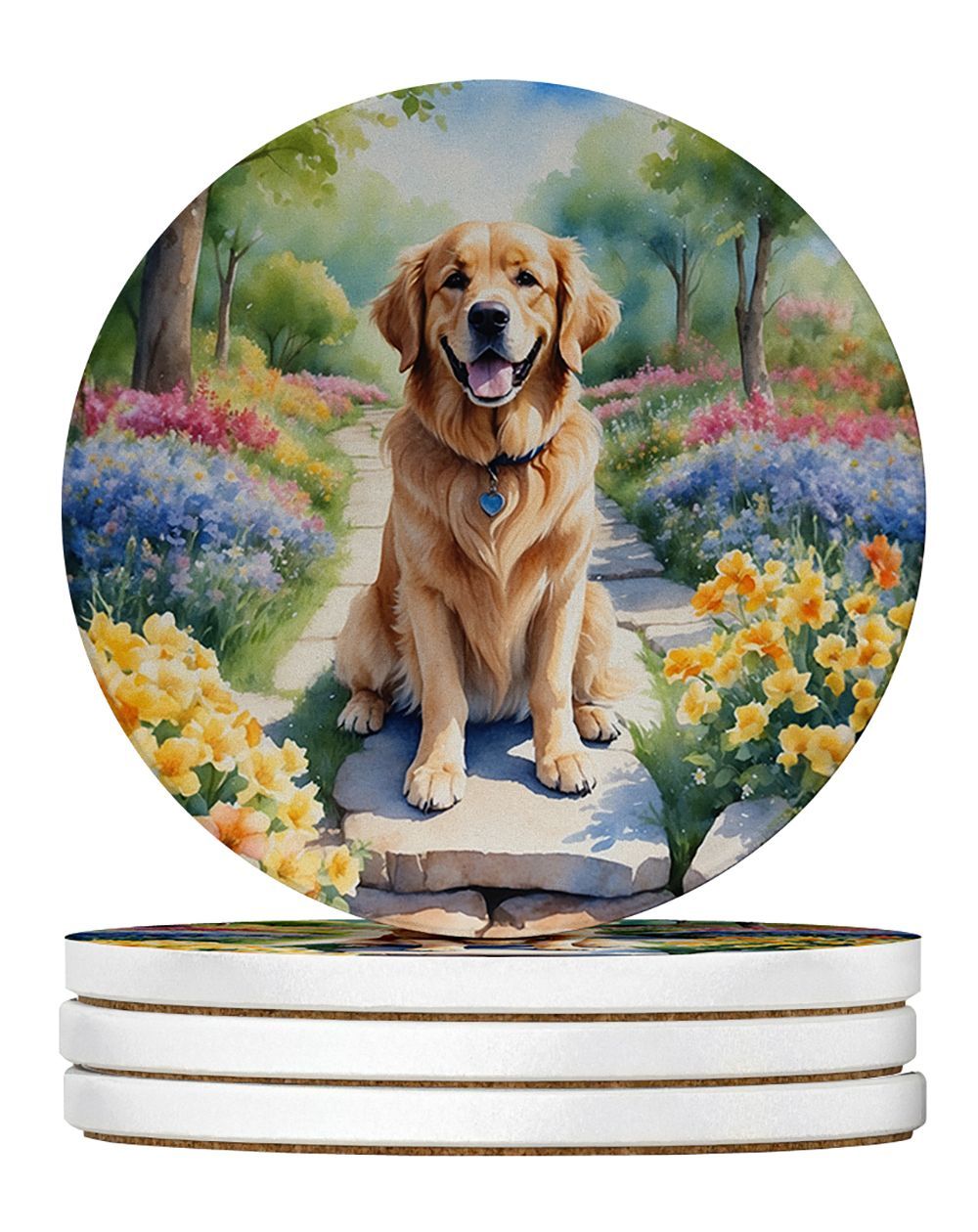 Golden Retriever Spring Path Large Sandstone Coasters Pack Of 4 Absorbent Round Coasters Decor Gifts For Men Or Women, 4 In, Multicolor_maomaolike.com