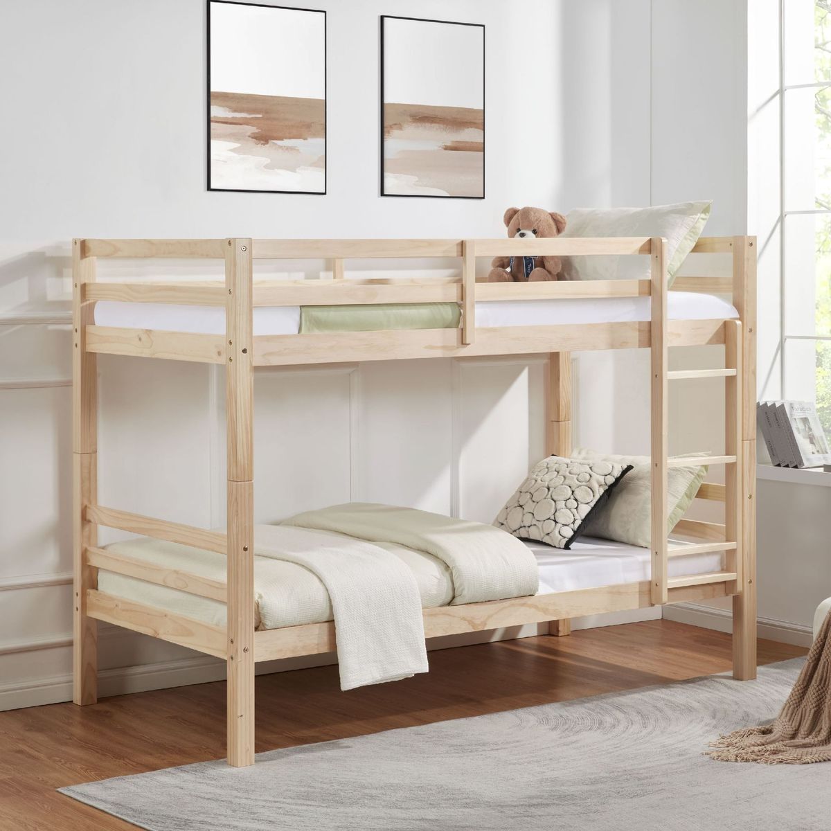 Twin Over Twin Bunk Bed With Thick Posts,Wooden Bunk Bed With High Guardrail And Ladder For Kids, Teens, Dorm Rooms, And Guest Rooms,No Box Spring Needed,Natural_maomaolike.com