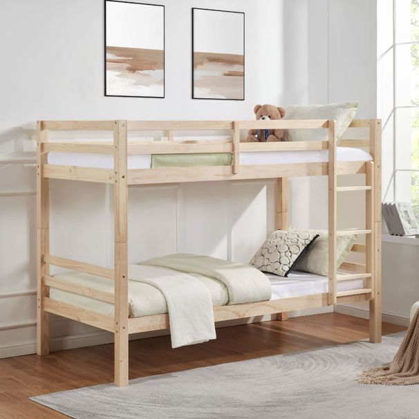 Twin Over Twin Bunk Bed With Thick Posts,Wooden Bunk Bed With High Guardrail And Ladder For Kids, Teens, Dorm Rooms, And Guest Rooms,No Box Spring Needed,Natural_maomaolike.com