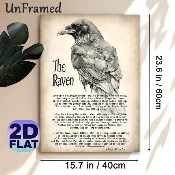 The Raven Themed Painting Poster, Vintage Monochrome Watercolor Raven With Classic Poem Text Poster, Elegant Literary-inspired Decor Ideal For Home_maomaolike.com
