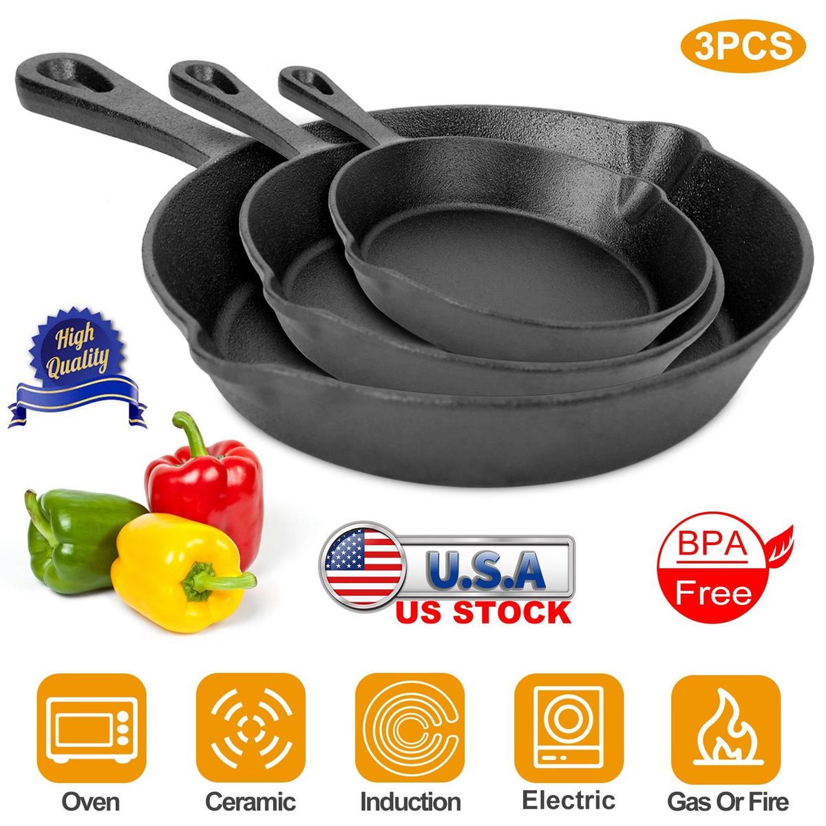 3Pcs Pre-Seasoned Cast Iron Skillet Set 6/8/10in Non-Stick Oven Safe Cookware Heat-Resistant Frying Pan_maomaolike.com